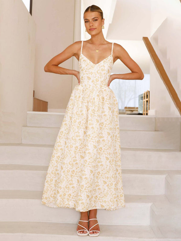 New V-neck waist holiday long dress sexy backless bow tie dress Yellow / S by Blue Zone Planet New V-neck waist holiday long dress sexy backless bow tie dress Yellow / S by Blue Zone Planet