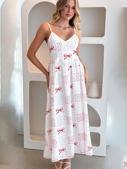 New V-neck waist holiday backless bow print dress-TOPS / DRESSES-[Adult]-[Female]-Red-S-2022 Online Blue Zone Planet