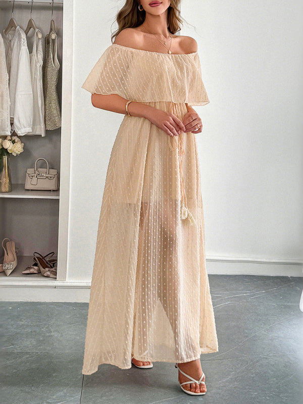 Elegant Strapless Waisted Short Sleeve Long Dress-[Adult]-[Female]-Cracker khaki-S-2022 Online Blue Zone Planet