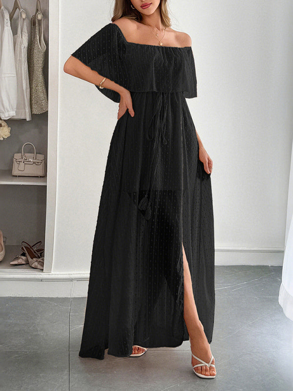 Elegant Strapless Waisted Short Sleeve Long Dress-[Adult]-[Female]-Black-S-2022 Online Blue Zone Planet