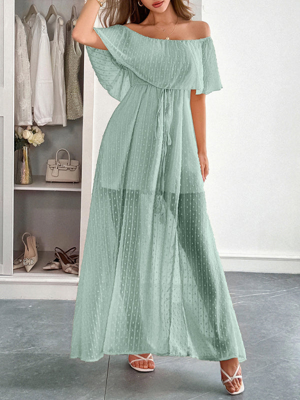 Elegant Strapless Waisted Short Sleeve Long Dress-[Adult]-[Female]-Grey green-S-2022 Online Blue Zone Planet