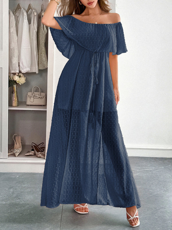 Elegant Strapless Waisted Short Sleeve Long Dress-[Adult]-[Female]-Champlain color-S-2022 Online Blue Zone Planet