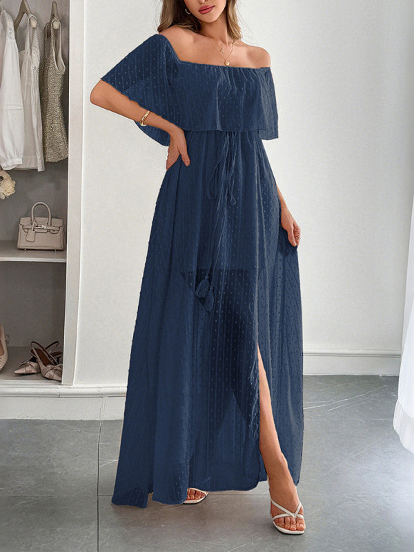 Elegant Strapless Waisted Short Sleeve Long Dress-[Adult]-[Female]-2022 Online Blue Zone Planet