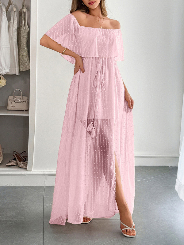 Elegant Strapless Waisted Short Sleeve Long Dress-[Adult]-[Female]-Pink-S-2022 Online Blue Zone Planet