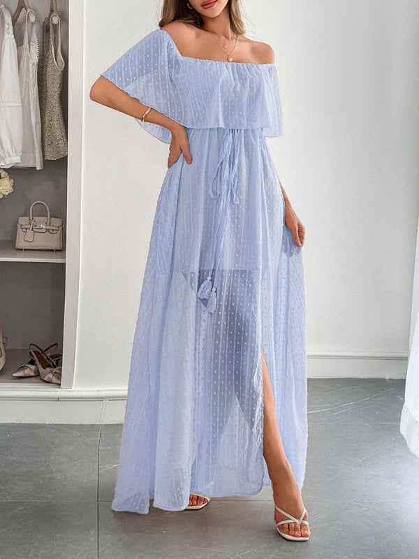 Elegant Strapless Waisted Short Sleeve Long Dress-[Adult]-[Female]-2022 Online Blue Zone Planet