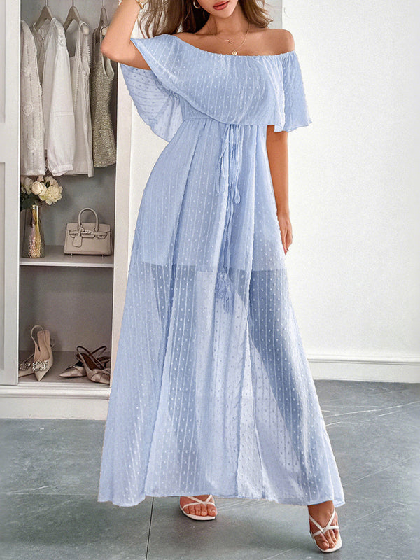 Elegant Strapless Waisted Short Sleeve Long Dress-[Adult]-[Female]-Sky blue azure-S-2022 Online Blue Zone Planet