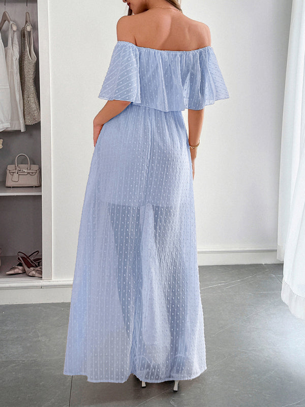 Elegant Strapless Waisted Short Sleeve Long Dress-[Adult]-[Female]-2022 Online Blue Zone Planet