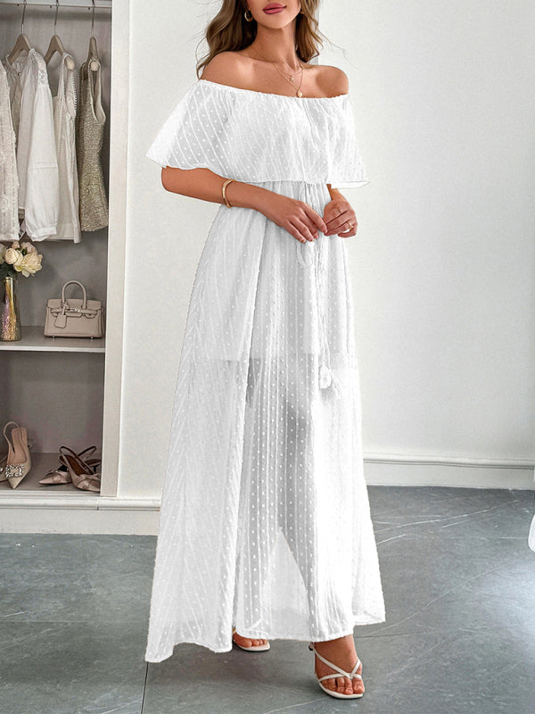 Elegant Strapless Waisted Short Sleeve Long Dress-[Adult]-[Female]-White-S-2022 Online Blue Zone Planet