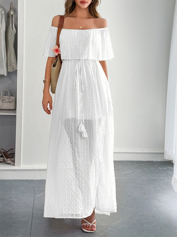 Elegant Strapless Waisted Short Sleeve Long Dress-[Adult]-[Female]-2022 Online Blue Zone Planet