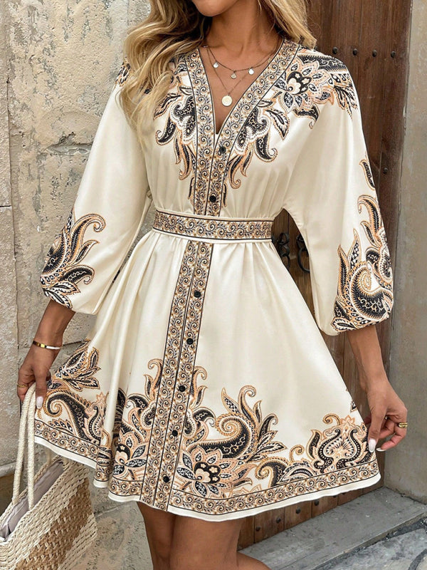 New Printed V-Neck Three-Quarter Sleeve Tie-Waist Dress-TOPS / DRESSES-[Adult]-[Female]-Cracker khaki-S-2022 Online Blue Zone Planet
