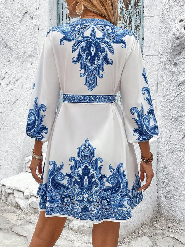 New Printed V-Neck Three-Quarter Sleeve Tie-Waist Dress-TOPS / DRESSES-[Adult]-[Female]-2022 Online Blue Zone Planet