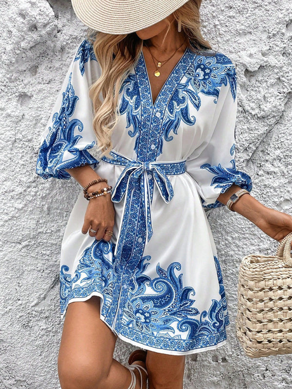New Printed V-Neck Three-Quarter Sleeve Tie-Waist Dress-TOPS / DRESSES-[Adult]-[Female]-Blue-S-2022 Online Blue Zone Planet
