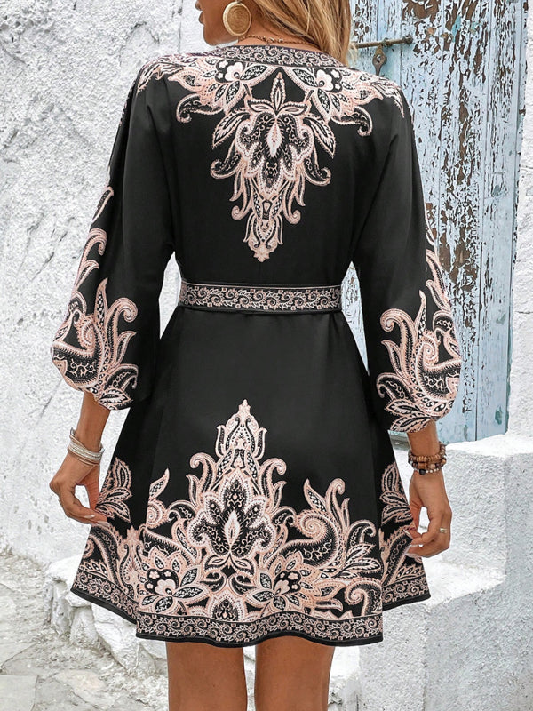 New Printed V-Neck Three-Quarter Sleeve Tie-Waist Dress-TOPS / DRESSES-[Adult]-[Female]-2022 Online Blue Zone Planet
