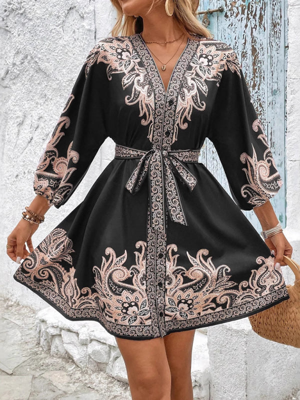New Printed V-Neck Three-Quarter Sleeve Tie-Waist Dress-TOPS / DRESSES-[Adult]-[Female]-2022 Online Blue Zone Planet