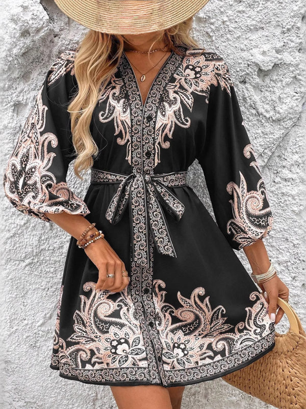 New Printed V-Neck Three-Quarter Sleeve Tie-Waist Dress-TOPS / DRESSES-[Adult]-[Female]-2022 Online Blue Zone Planet