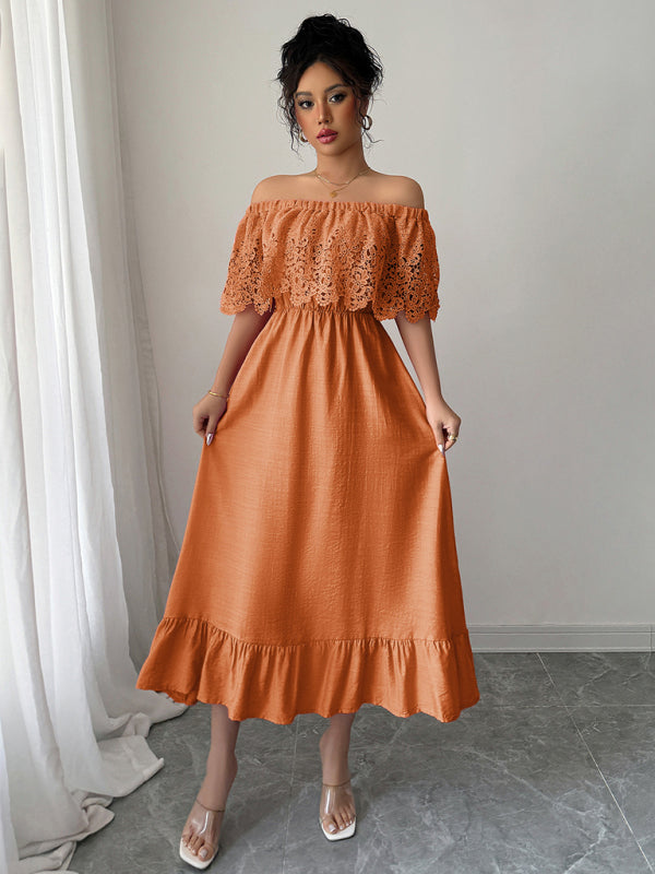 Elegant off-the-shoulder A-line maxi dress-TOPS / DRESSES-[Adult]-[Female]-Orange-S-2022 Online Blue Zone Planet