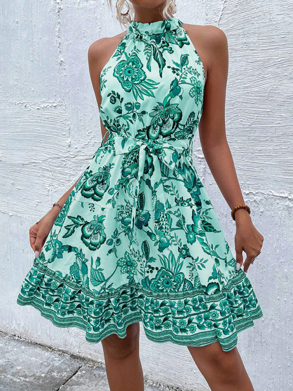 Fashion Floral Waist Halter Neck Dress-TOPS / DRESSES-[Adult]-[Female]-2022 Online Blue Zone Planet