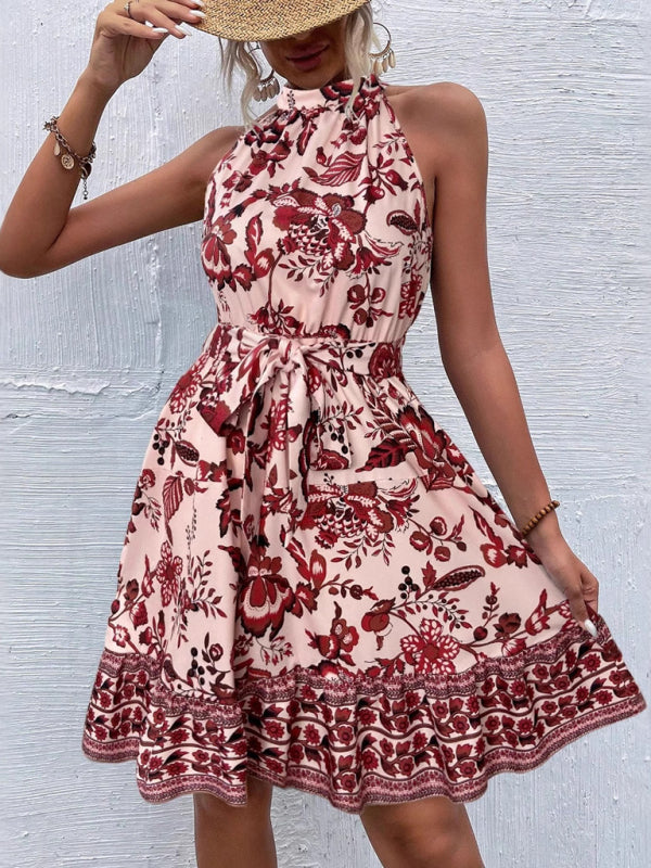 Fashion Floral Waist Halter Neck Dress-TOPS / DRESSES-[Adult]-[Female]-Red-S-2022 Online Blue Zone Planet