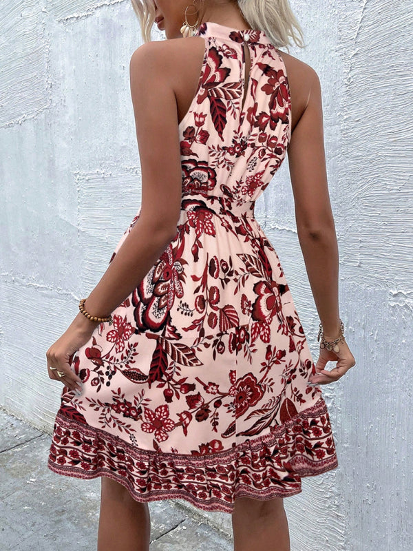 Fashion Floral Waist Halter Neck Dress-TOPS / DRESSES-[Adult]-[Female]-2022 Online Blue Zone Planet