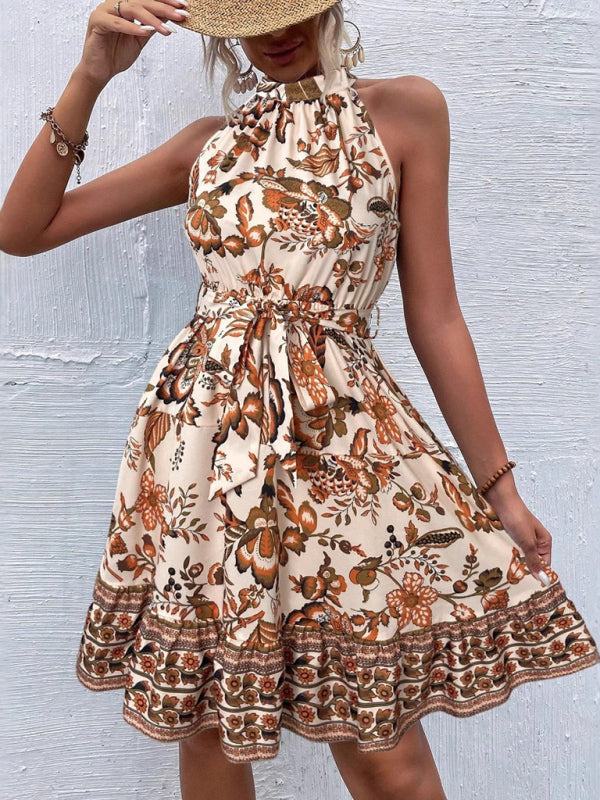 Fashion Floral Waist Halter Neck Dress-TOPS / DRESSES-[Adult]-[Female]-Yellow-S-2022 Online Blue Zone Planet