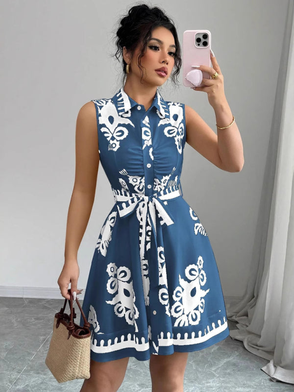 Tina's Floral Print Waist Tie Sleeveless Mini Dress-TOPS / DRESSES-[Adult]-[Female]-Blue-S-2022 Online Blue Zone Planet