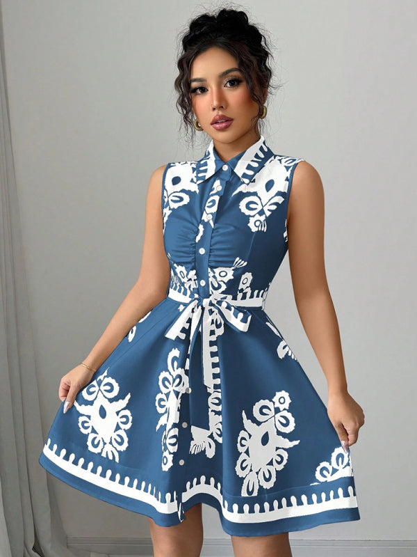 Tina's Floral Print Waist Tie Sleeveless Mini Dress-TOPS / DRESSES-[Adult]-[Female]-2022 Online Blue Zone Planet