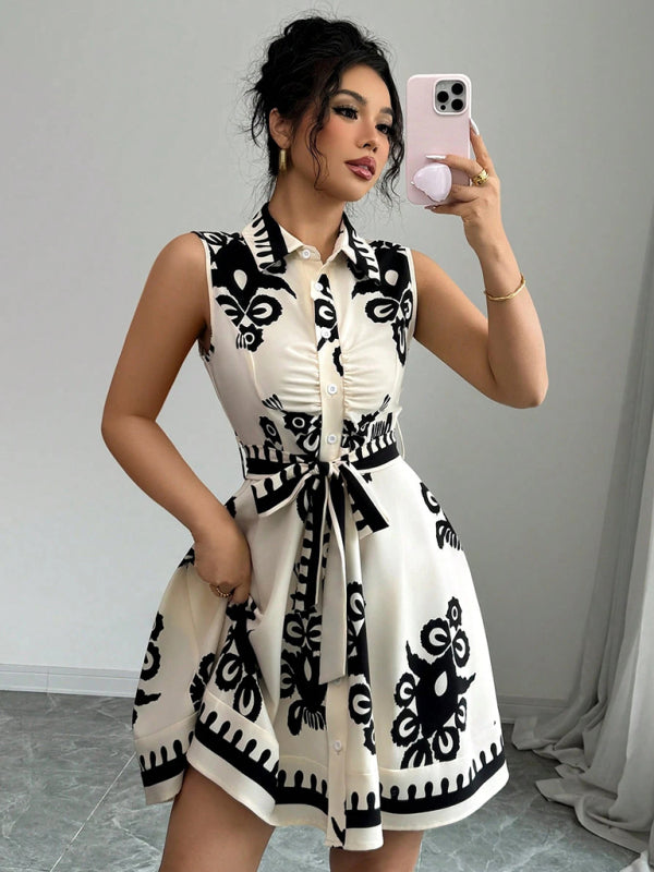 Tina's Floral Print Waist Tie Sleeveless Mini Dress-TOPS / DRESSES-[Adult]-[Female]-2022 Online Blue Zone Planet
