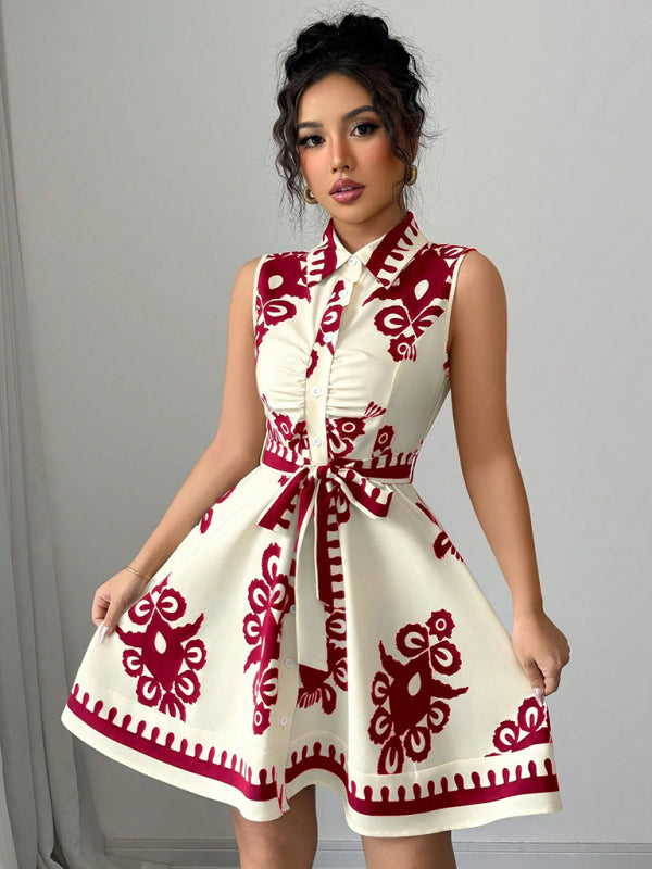 Tina's Floral Print Waist Tie Sleeveless Mini Dress-TOPS / DRESSES-[Adult]-[Female]-Red-S-2022 Online Blue Zone Planet