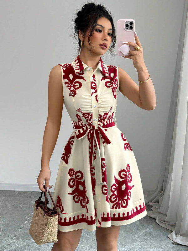 Tina's Floral Print Waist Tie Sleeveless Mini Dress-TOPS / DRESSES-[Adult]-[Female]-2022 Online Blue Zone Planet
