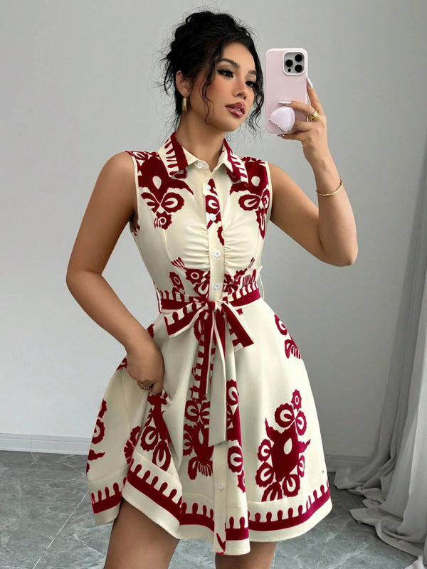 Tina's Floral Print Waist Tie Sleeveless Mini Dress-TOPS / DRESSES-[Adult]-[Female]-2022 Online Blue Zone Planet