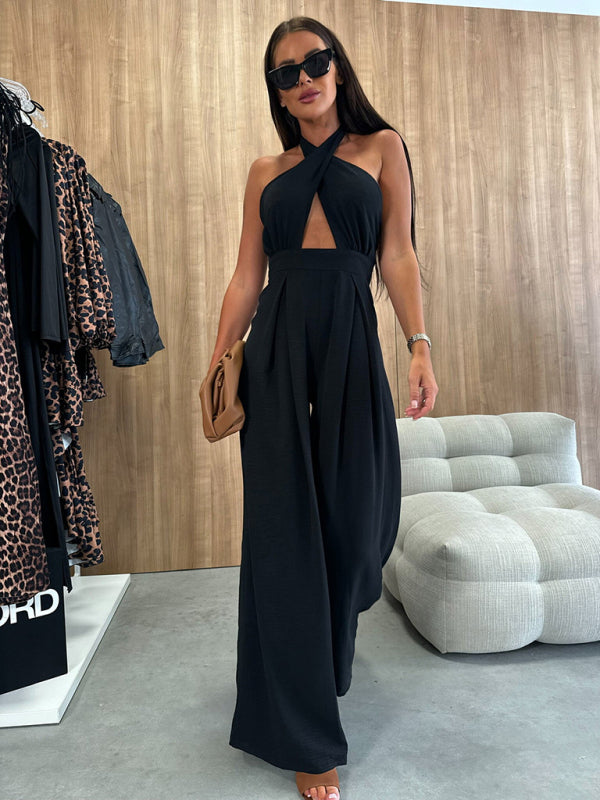 Solid color sleeveless off-shoulder sexy halter neck waist jumpsuit-[Adult]-[Female]-2022 Online Blue Zone Planet
