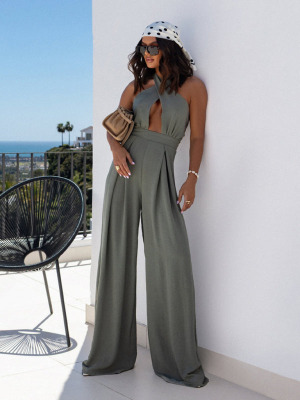 Solid color sleeveless off-shoulder sexy halter neck waist jumpsuit-[Adult]-[Female]-2022 Online Blue Zone Planet