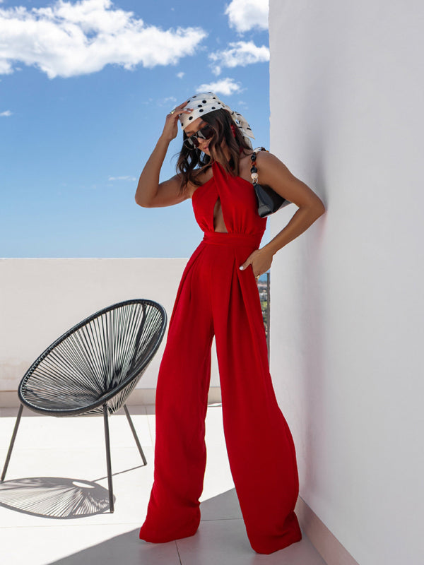 Solid color sleeveless off-shoulder sexy halter neck waist jumpsuit-[Adult]-[Female]-2022 Online Blue Zone Planet