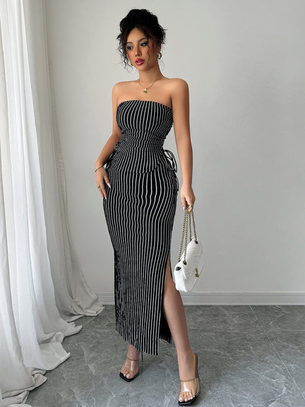 Elegant Striped Strappy Tube Top Hip Skirt Suit-[Adult]-[Female]-Black-S-2022 Online Blue Zone Planet