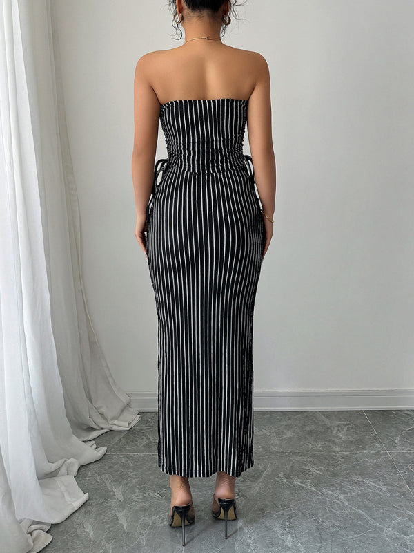 Elegant Striped Strappy Tube Top Hip Skirt Suit-[Adult]-[Female]-2022 Online Blue Zone Planet
