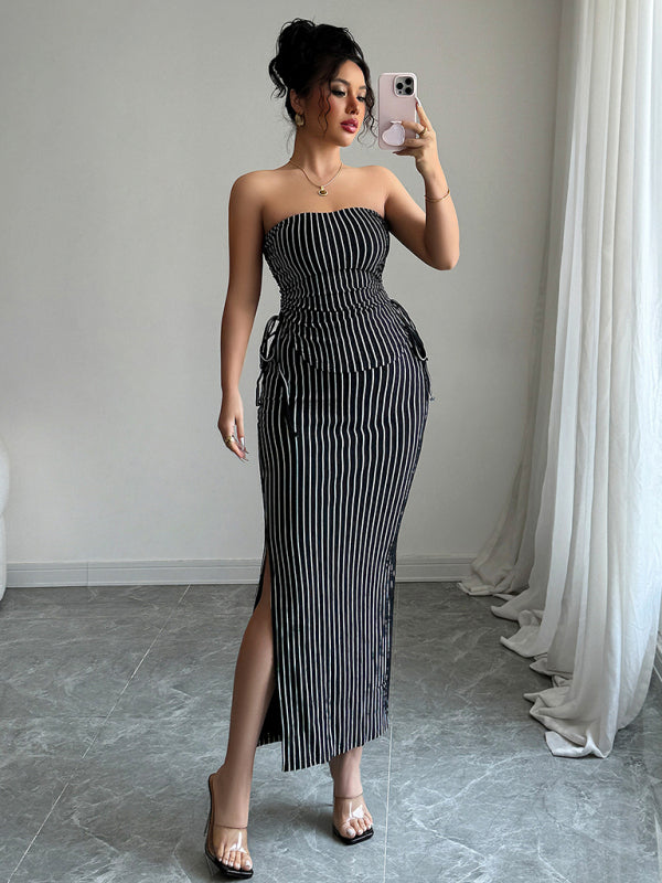 Elegant Striped Strappy Tube Top Hip Skirt Suit-[Adult]-[Female]-2022 Online Blue Zone Planet
