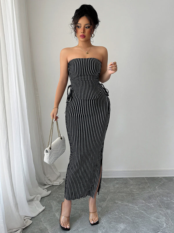 Elegant Striped Strappy Tube Top Hip Skirt Suit-[Adult]-[Female]-2022 Online Blue Zone Planet