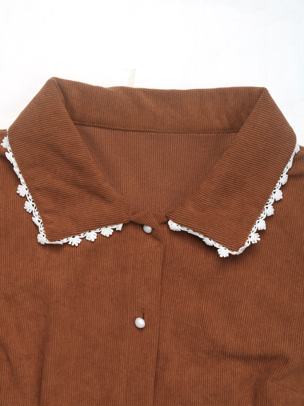 Lapel stitching lace long-sleeved shirt corduroy dress-TOPS / DRESSES-[Adult]-[Female]-2022 Online Blue Zone Planet