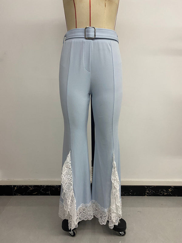 Casual and elegant with belt high waist lace solid color flared pants-[Adult]-[Female]-2022 Online Blue Zone Planet
