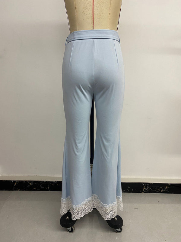 Casual and elegant with belt high waist lace solid color flared pants-[Adult]-[Female]-2022 Online Blue Zone Planet