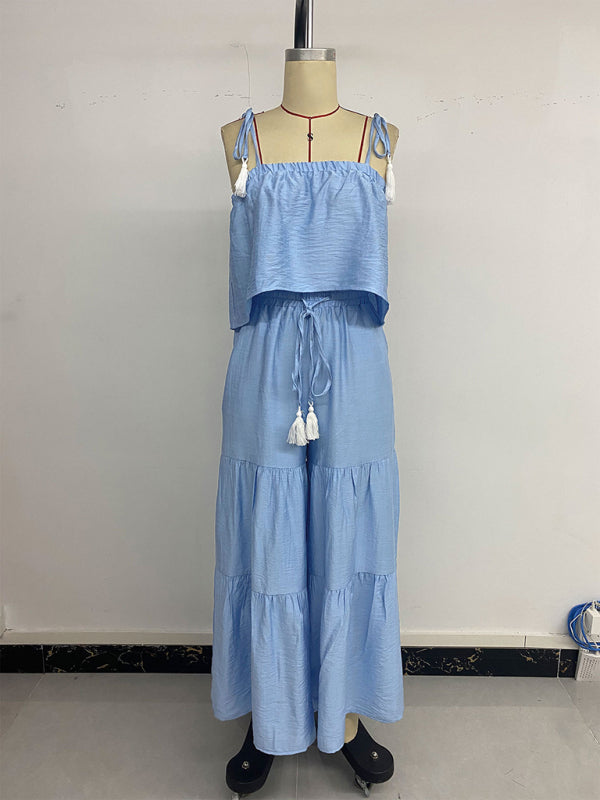 Suspender top wide-leg trousers solid color suit two-piece set-[Adult]-[Female]-2022 Online Blue Zone Planet