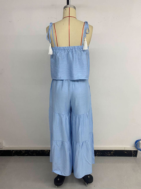 Suspender top wide-leg trousers solid color suit two-piece set-[Adult]-[Female]-2022 Online Blue Zone Planet
