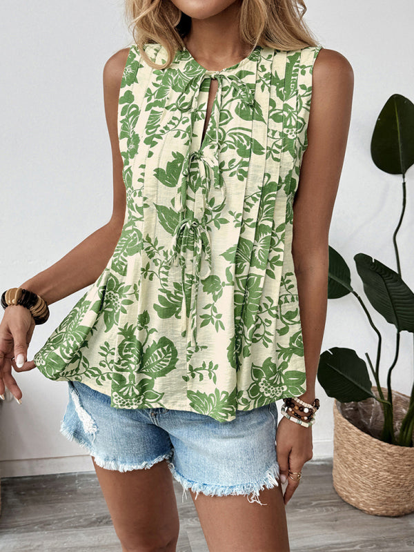 Printed Pleated Lace-Up Sleeveless Shirt-[Adult]-[Female]-2022 Online Blue Zone Planet