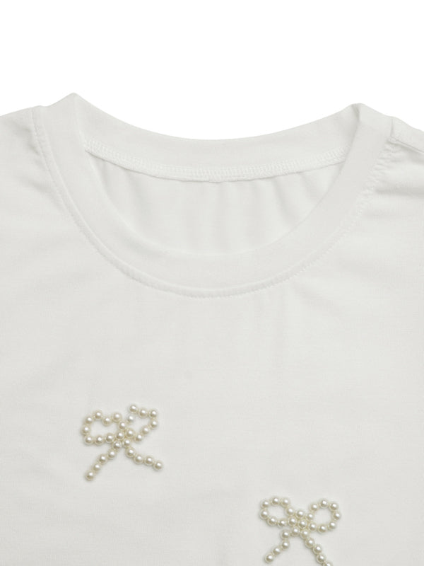 Casual Bowknot Round Neck Pullover Beaded Puff Sleeve T-Shirt-[Adult]-[Female]-2022 Online Blue Zone Planet