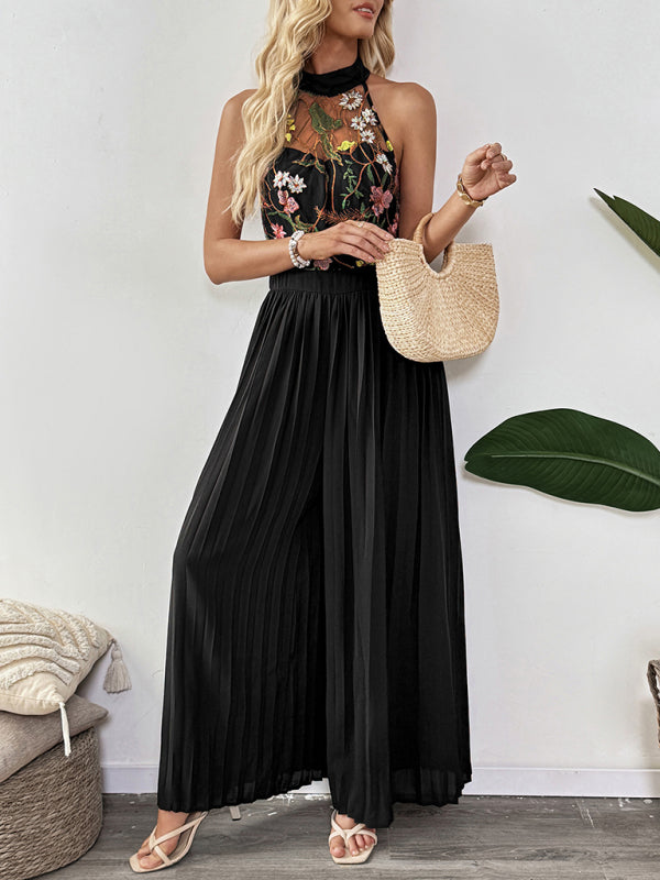 Sleeveless See-through Halter Neck Embroidery Wide Leg Jumpsuit-[Adult]-[Female]-2022 Online Blue Zone Planet