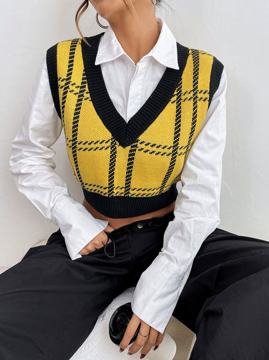 V-neck woolen checked vest-[Adult]-[Female]-Yellow-S-2022 Online Blue Zone Planet