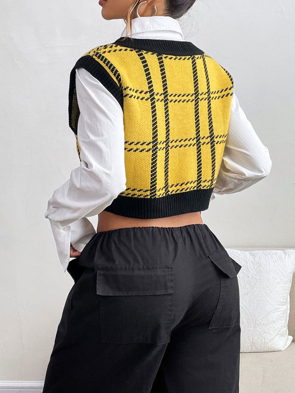 V-neck woolen checked vest-[Adult]-[Female]-2022 Online Blue Zone Planet