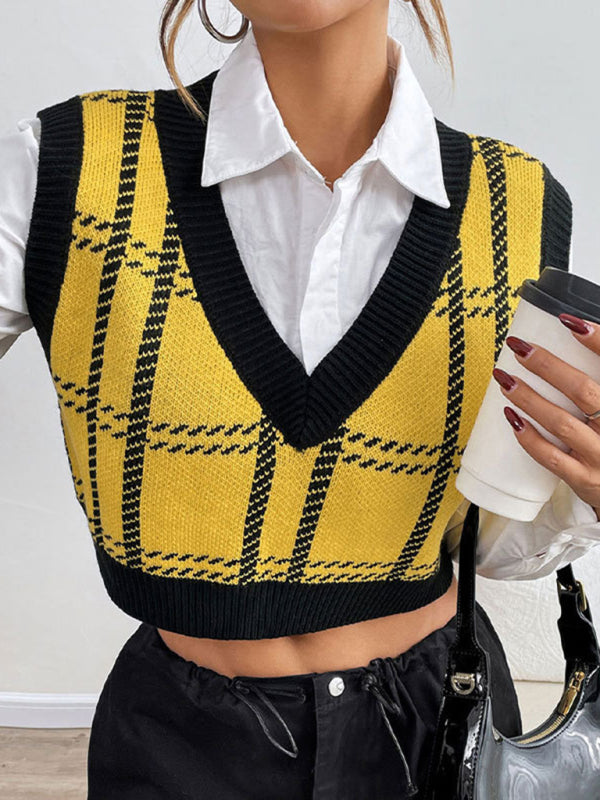 V-neck woolen checked vest-[Adult]-[Female]-2022 Online Blue Zone Planet