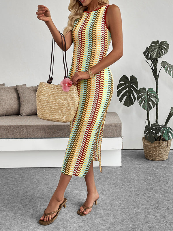 Colorful striped crochet crew neck vest sleeveless slim dress-TOPS / DRESSES-[Adult]-[Female]-2022 Online Blue Zone Planet