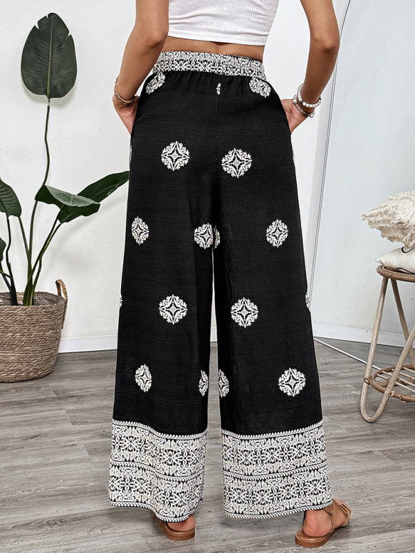 Ethnic style printed elastic waist drawstring casual comfortable straight pants-[Adult]-[Female]-2022 Online Blue Zone Planet
